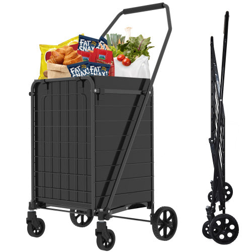 Foldable Shopping Cart with Wheels – Utility Grocery Trolley with Double Basket & 360° Swivel Wheels