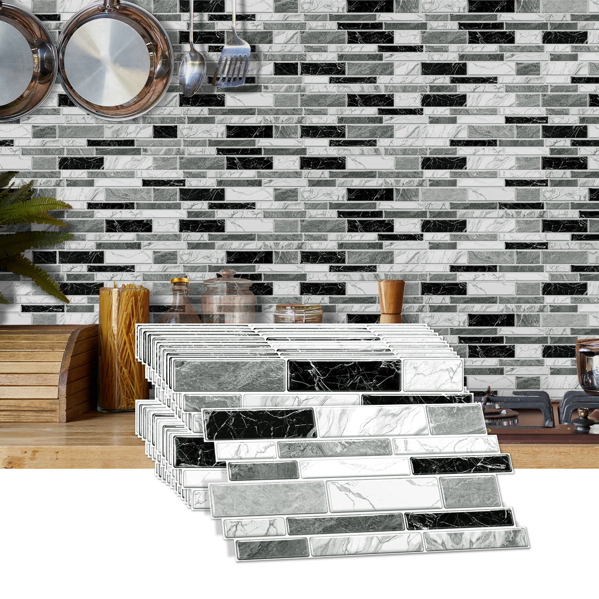 Irregular Black White Gray Marble Peel & Stick Wallpaper – Waterproof Oil-Proof PVC Imitation Tiles for Kitchen & Bathroom