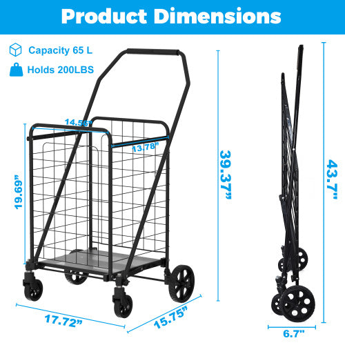 Foldable Shopping Cart with Wheels – Utility Grocery Trolley with Double Basket & 360° Swivel Wheels