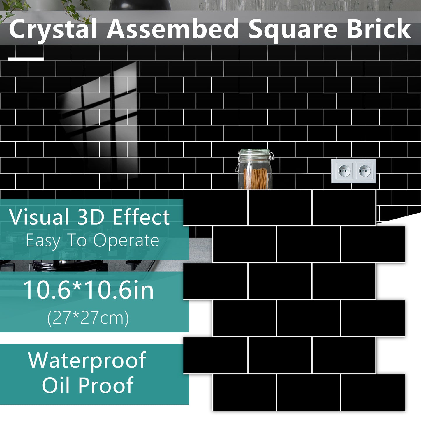 Black Glossy Peel & Stick Wall Tiles – Self-Adhesive Waterproof Backsplash for Kitchen & Bathroom