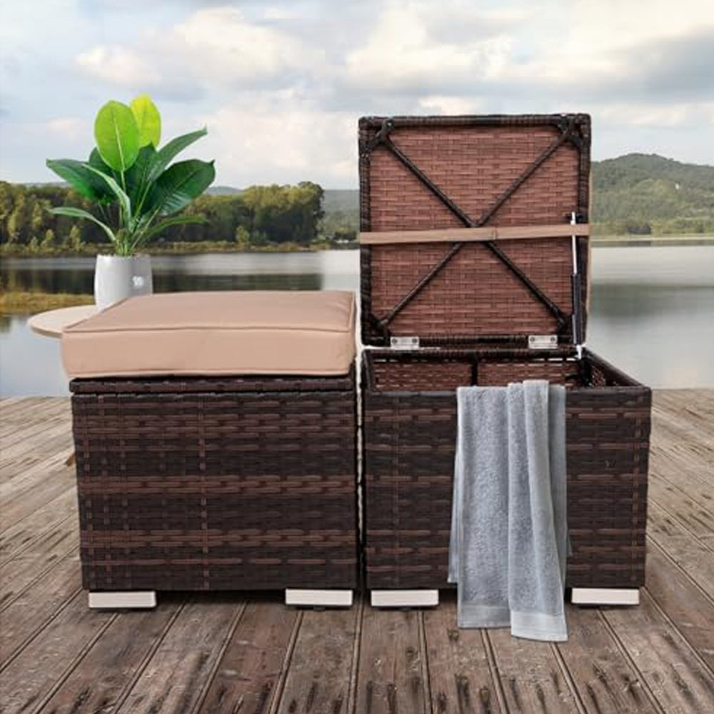 Set of 2 Outdoor Wicker Storage Ottomans with Removable Cushions – Patio Footrest / Side Table