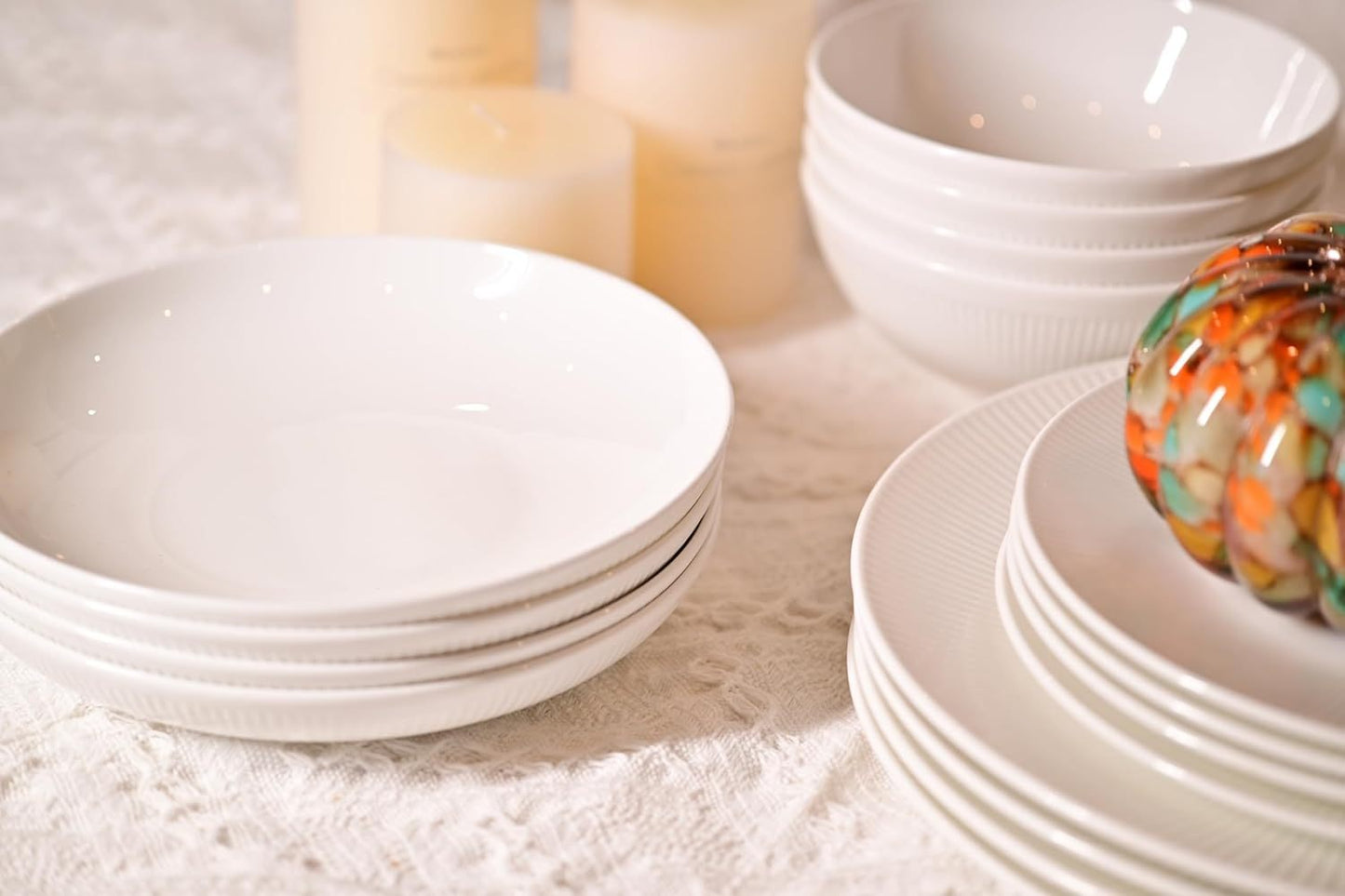 Dandelion Bone China Dinnerware Set – 16-Piece Service for 4 (Ivory White, Radial Lines, Microwave & Dishwasher Safe)
