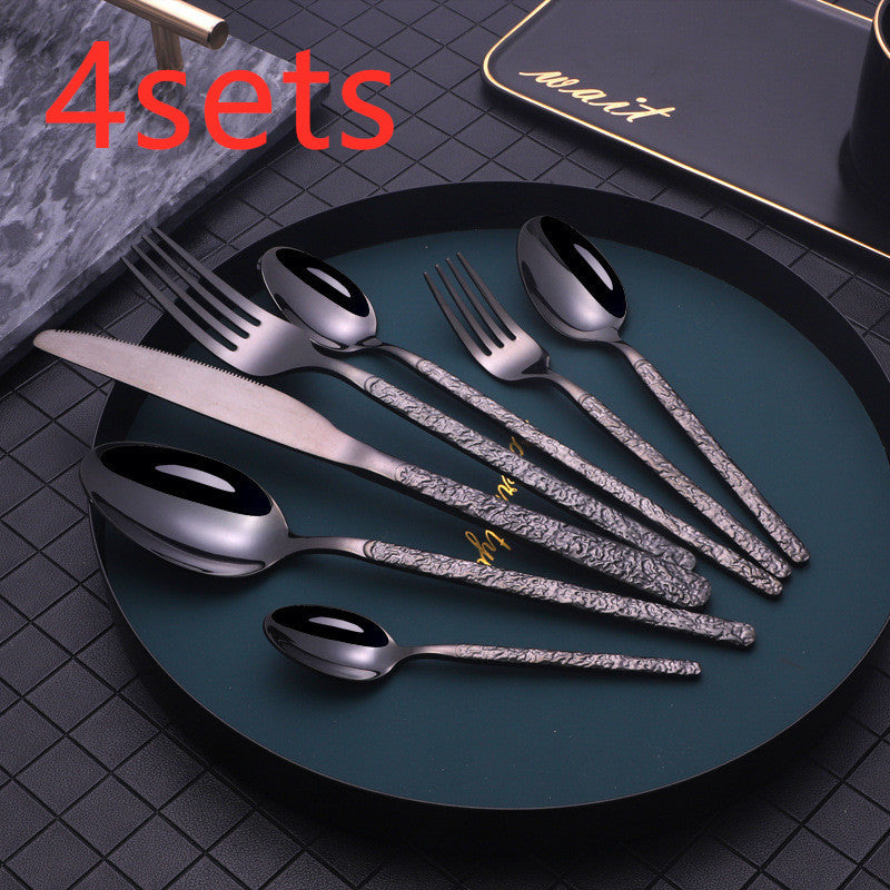 Embossed Handle Stainless Steel Flatware Set – 7-Piece, Black/Gold/Rose Gold/Silver