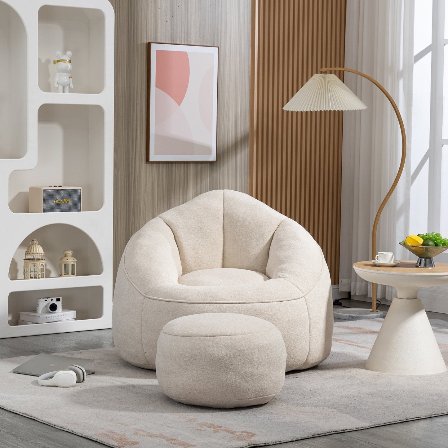 Plush Beige Bean Bag Sofa Chair With High-Pressure Foam Padding – Cozy Lounger Seat With Ottoman For Bedroom Or Living Room Relaxation