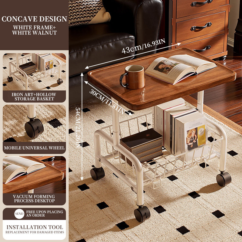 Rolling Side Table with Storage Basket – Adjustable Height Coffee & Laptop Table on Wheels