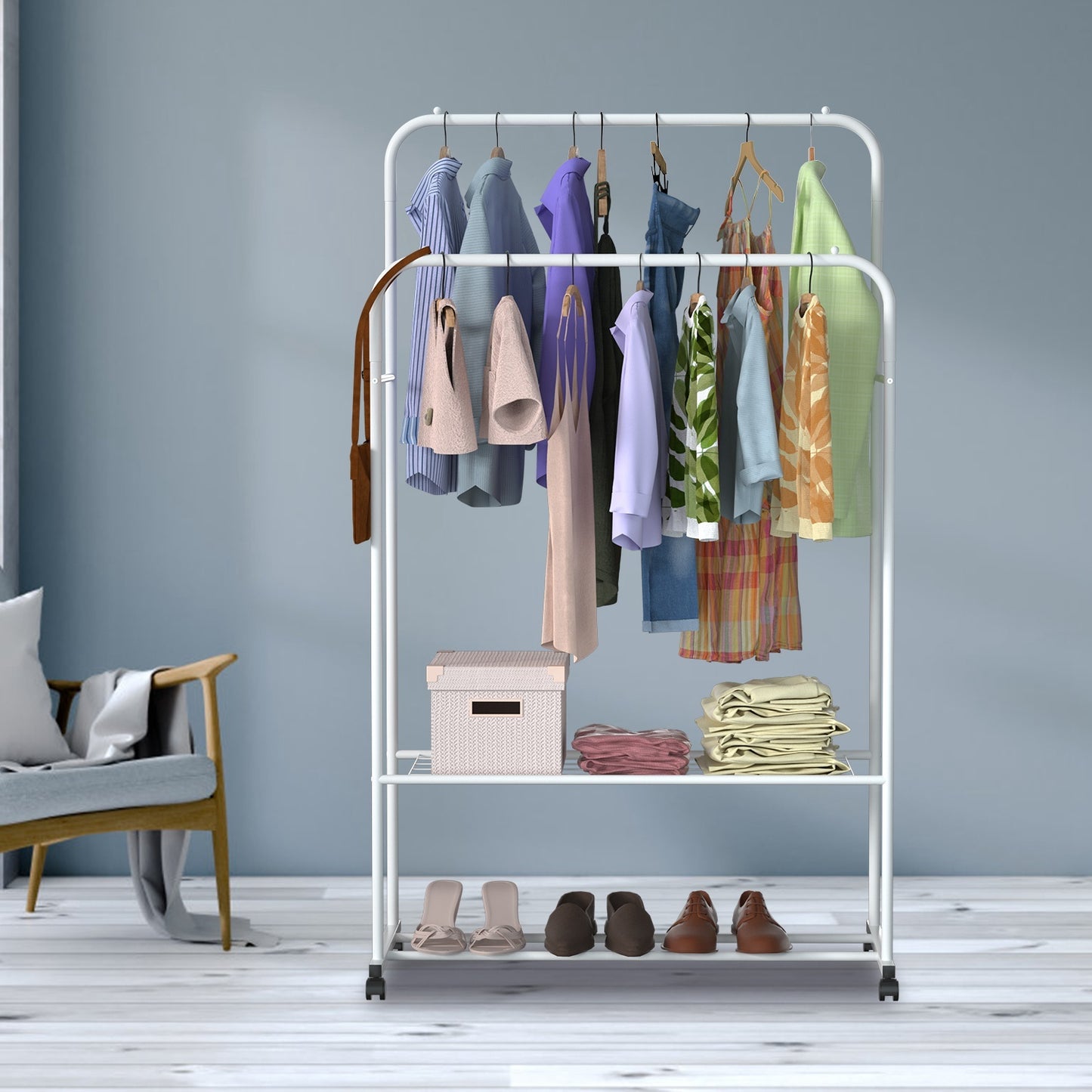 Rolling Garment Hanging Rack – Clothes Organizer with Double Rail, Bottom Shelf & Lockable Wheels
