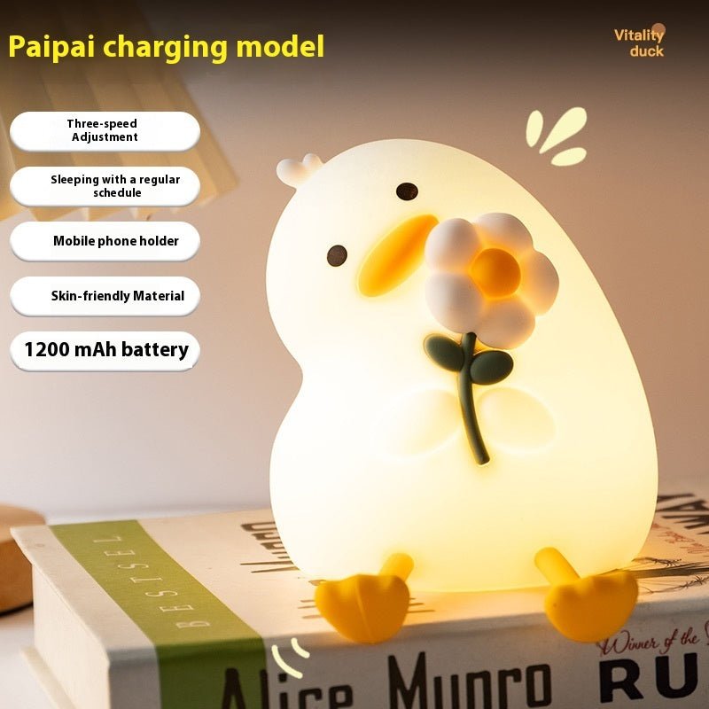 Cute Duck Night Light with Flower, USB Rechargeable Bedside Lamp for Kids & Bedroom Decor