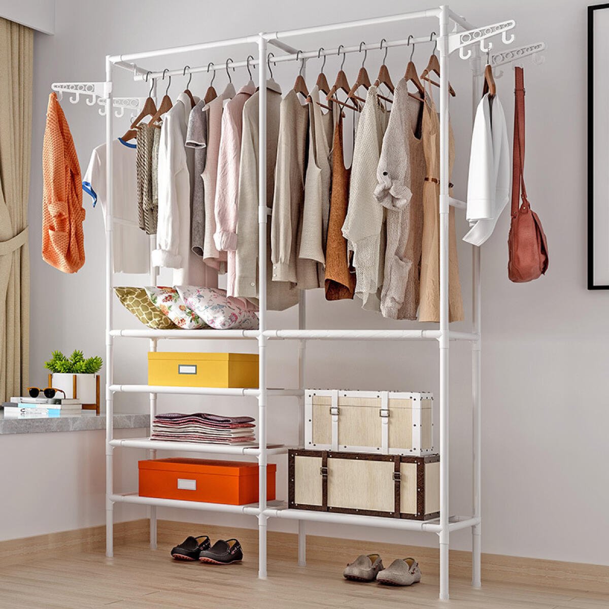 Multi-functional Double Rod Clothes Rack with Rotatable Tiers in White/Black - DonoHome