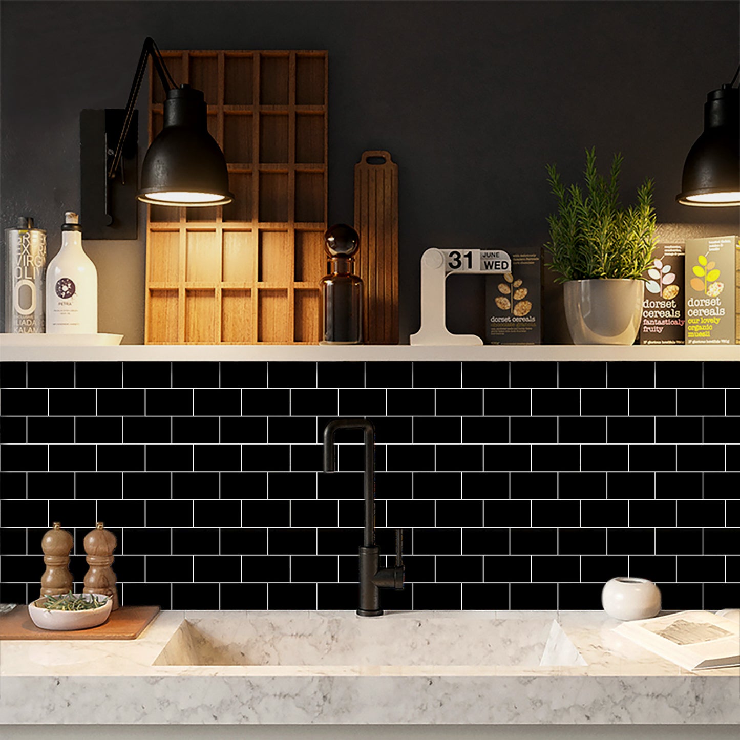 Black Glossy Peel & Stick Wall Tiles – Self-Adhesive Waterproof Backsplash for Kitchen & Bathroom