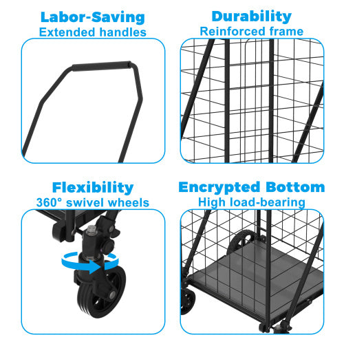 Foldable Shopping Cart with Wheels – Utility Grocery Trolley with Double Basket & 360° Swivel Wheels