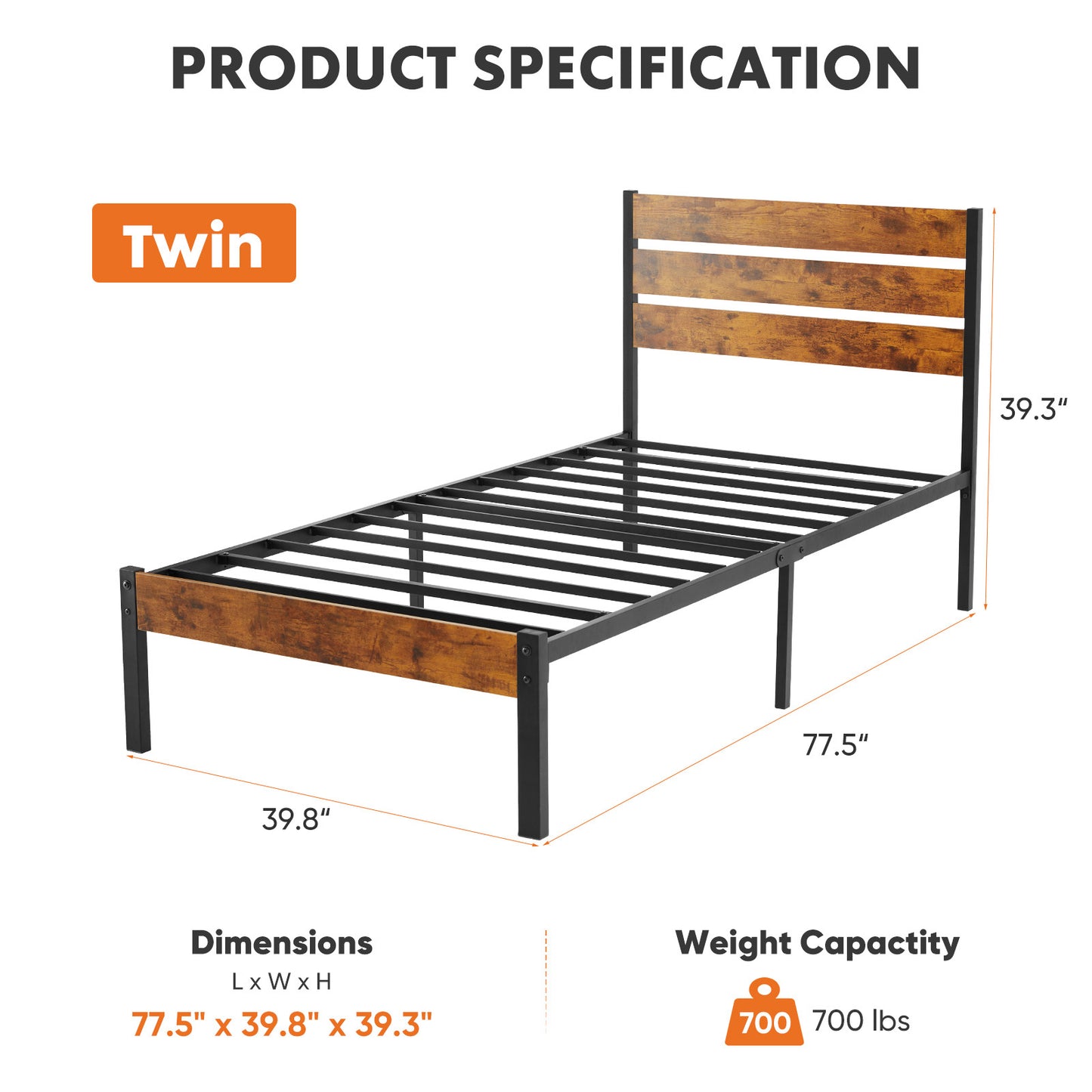 Metal Platform Bed Frame with Rustic Wood Headboard & Footboard (No Box Spring Needed) – Twin/Full/Queen