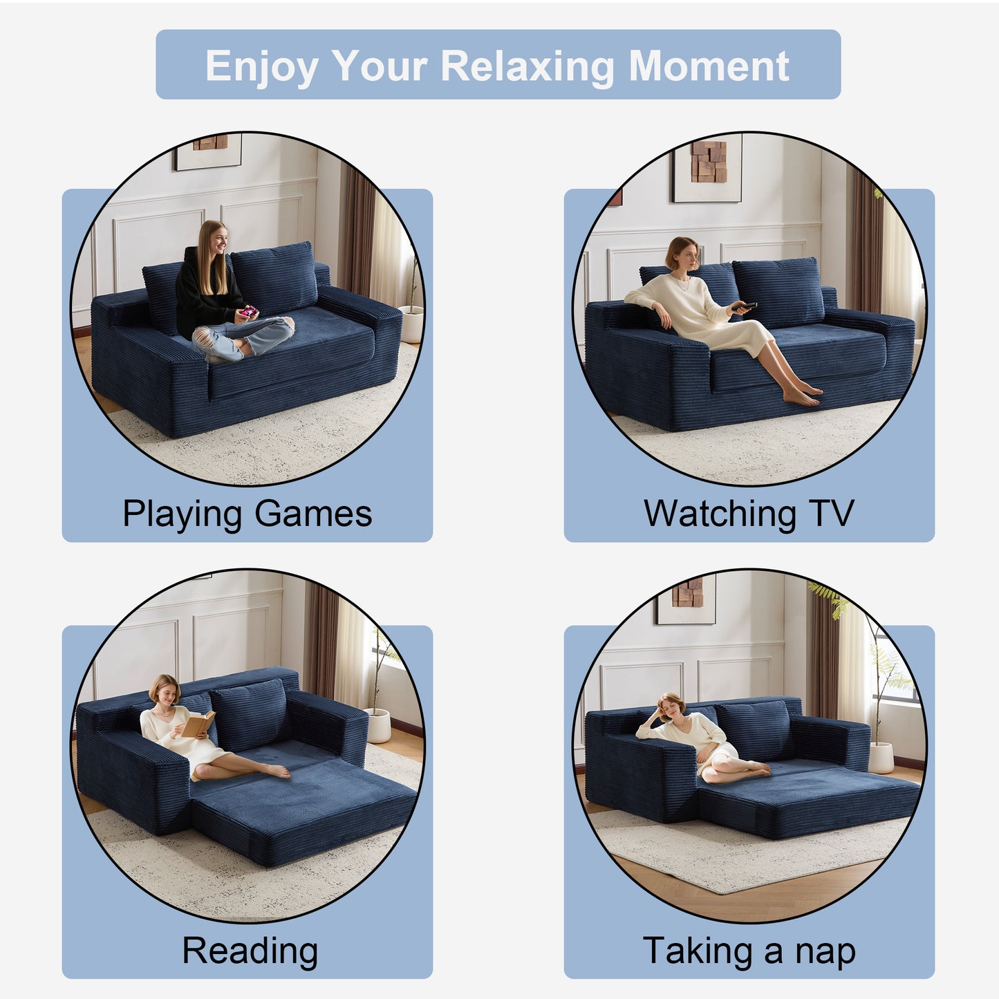 Loveseat Sofa, Comfortable Deep Seat Sofa Bed, Modern Small Corduroy Couch For Living Room Bedroom,Reversible Cushion With Pillows,No Assembly Required, Dark-blue