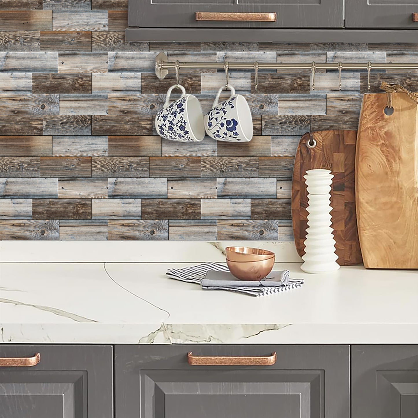 Wood Grain Mosaic Peel & Stick Wall Tiles – Waterproof Oil-Resistant PVC Stickers for Kitchen & Bathroom