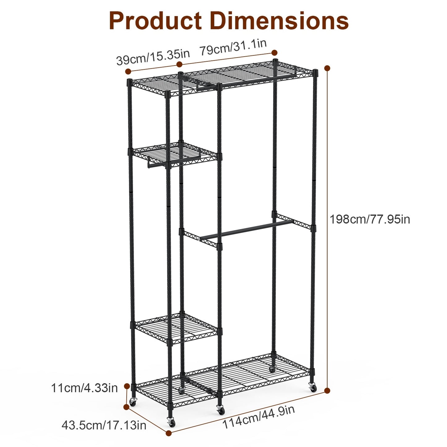 Heavy-Duty Garment Rack with Wheels, 4-Tier Shelves & 3 Hanging Rods (44.9″×17.13″×77.95″, Carbon Steel)
