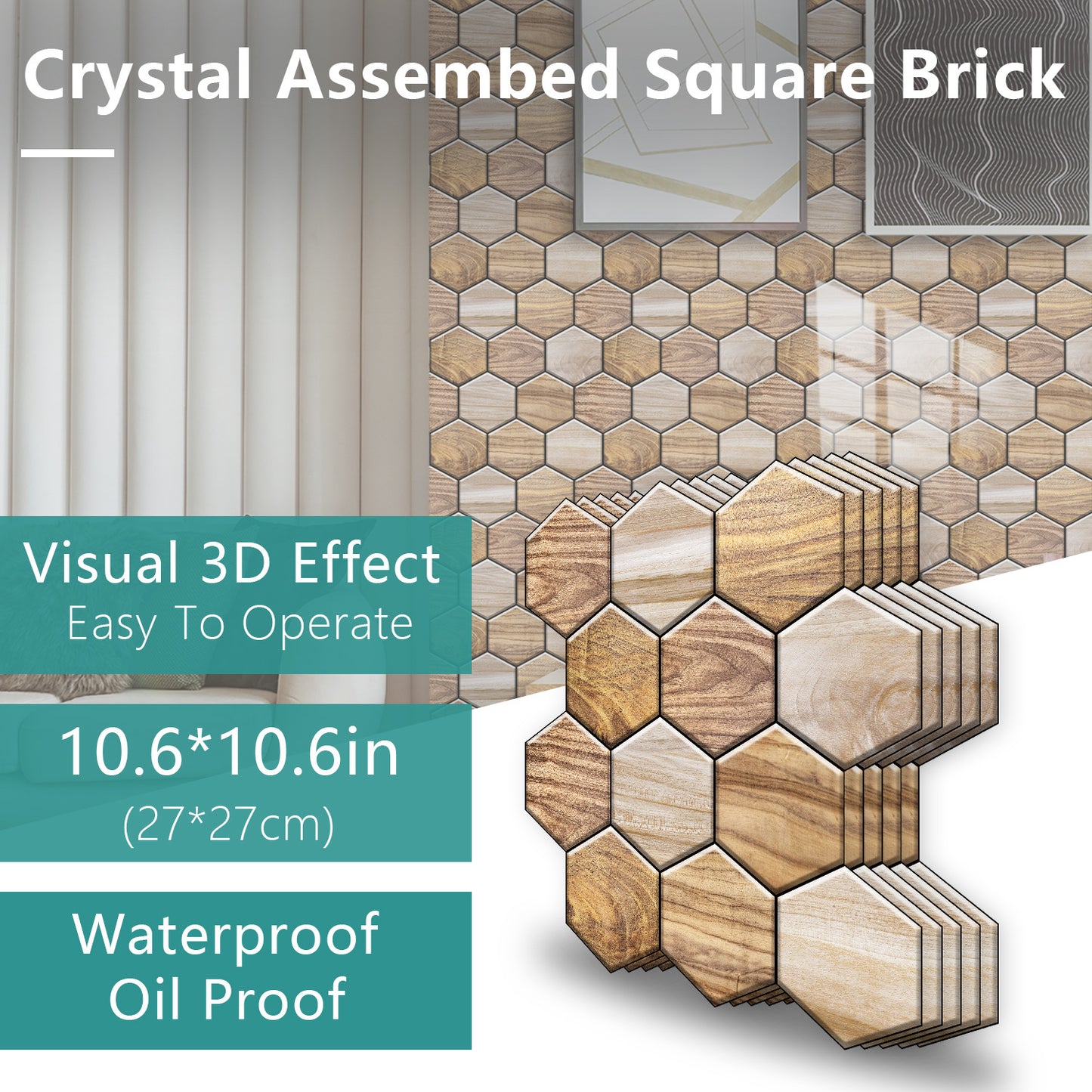 Hexagonal Wood Grain Peel & Stick Wall Tiles – Waterproof Self-Adhesive Backsplash for Kitchen & Bathroom