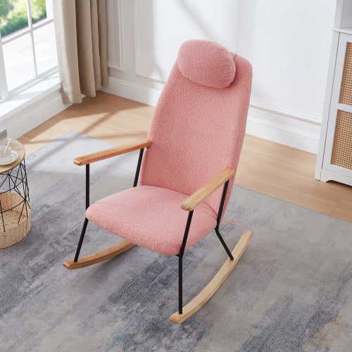 Modern Upholstered Rocking Chair with Headrest & Armrests – Living Room/Bedroom (Pink)