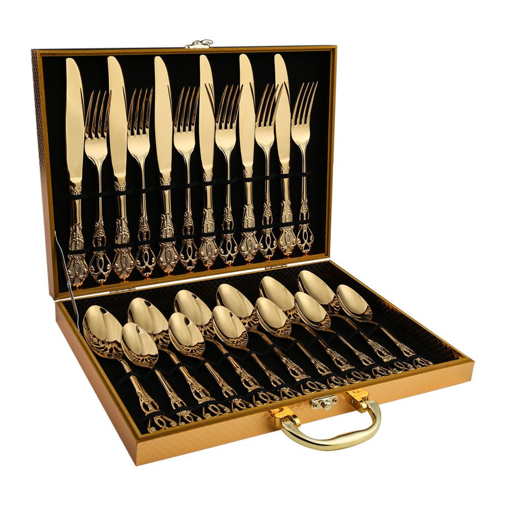 Luxury European Pattern Stainless Steel Cutlery Set – Golden Fork & Knife Flatware Collection