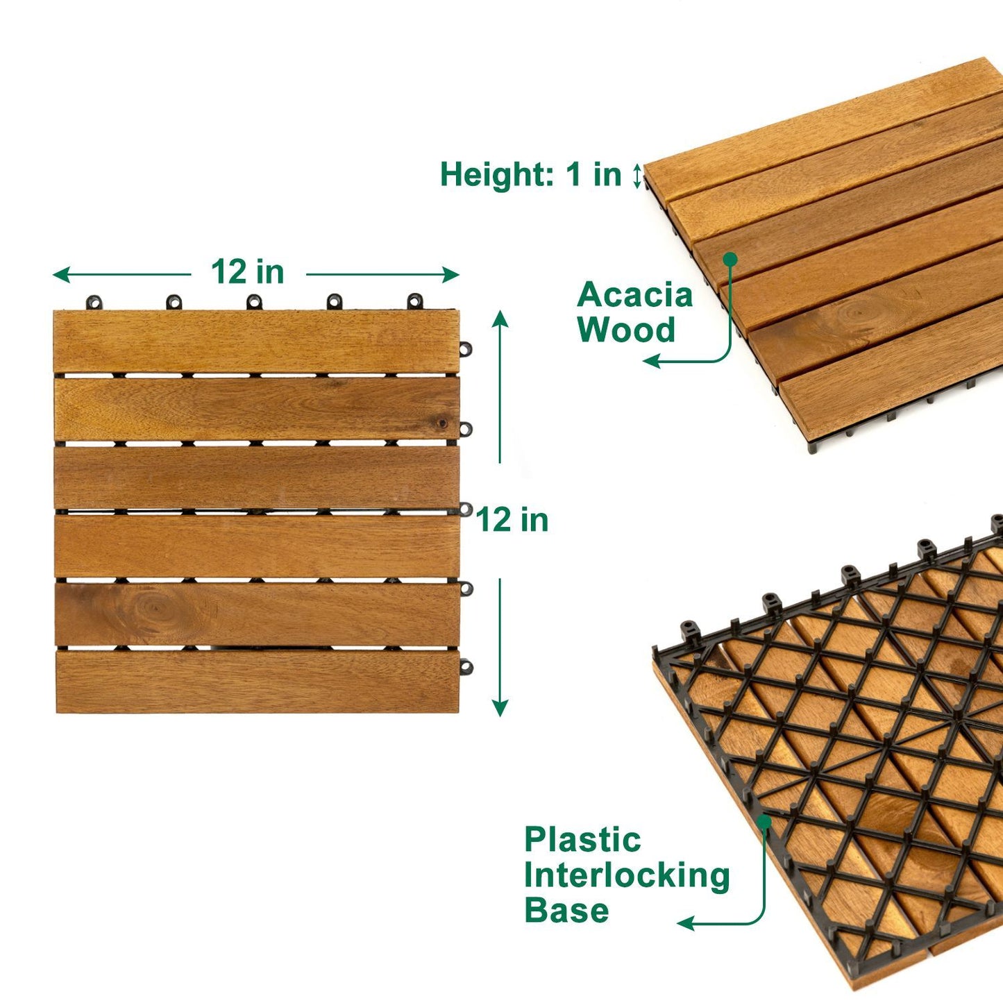 Acacia Wood Interlocking Flooring Tiles, 10 Pack, 12 x 12 Inch