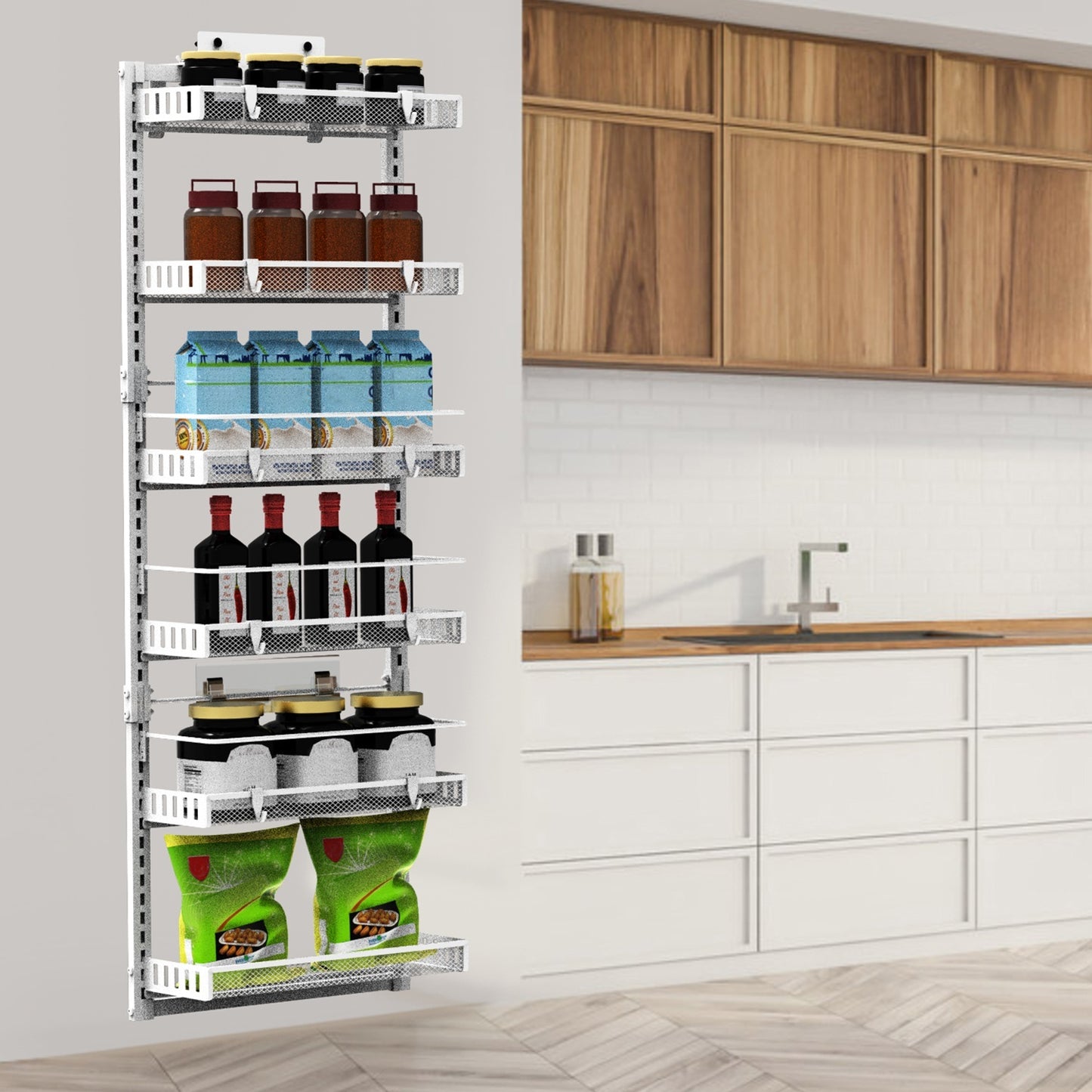 Over-the-Door Pantry Organizer, 6-Tier Carbon Steel Rack (50.2″H × 17.1″W × 5.5″D, 110 lb) – Black/White