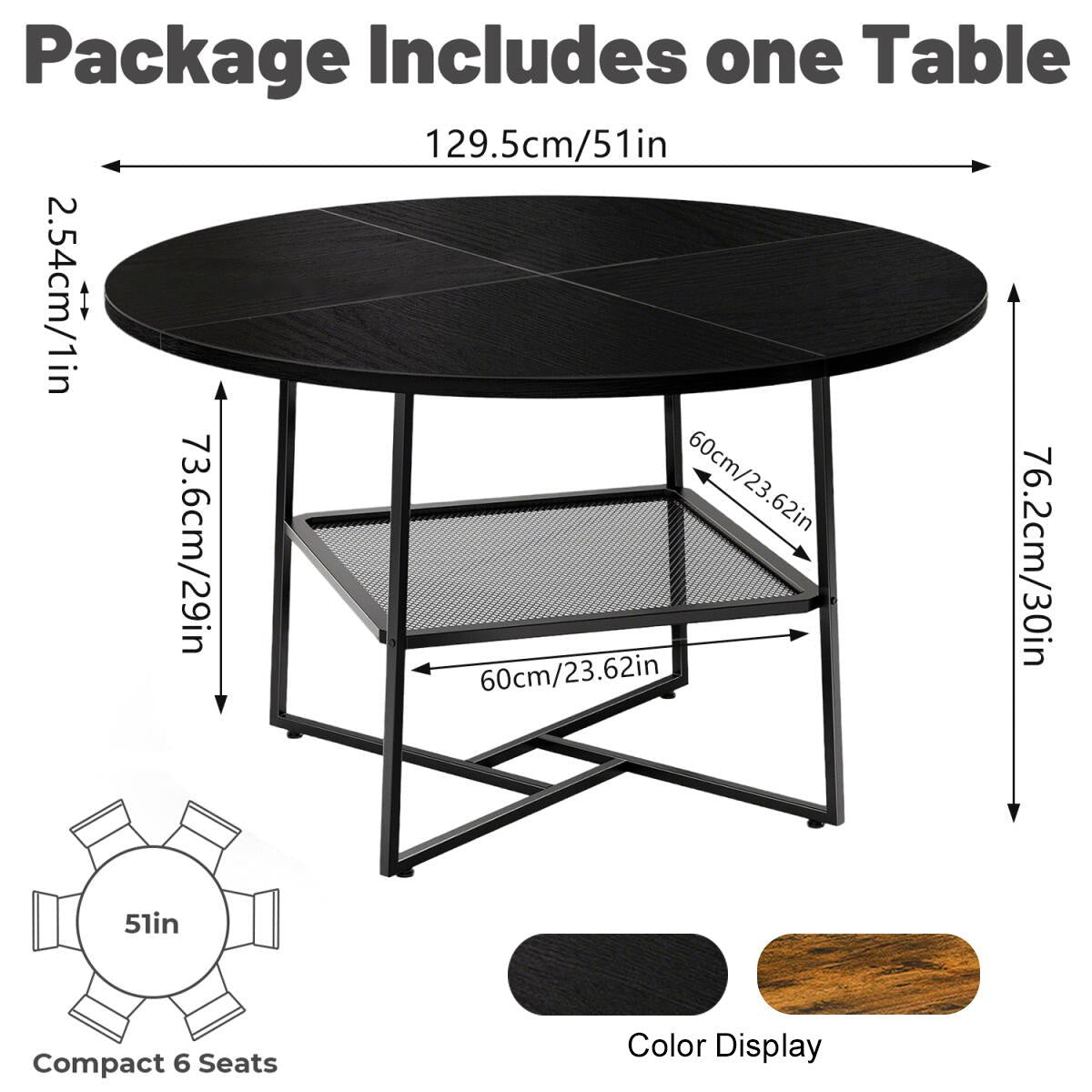 51 Inch Round Dining Table For 4-6, Rustic Wood Top With Storage Shelf And Black Metal Legs, Space Saving Circle Dinner Table For Kitchen Or Dining Room