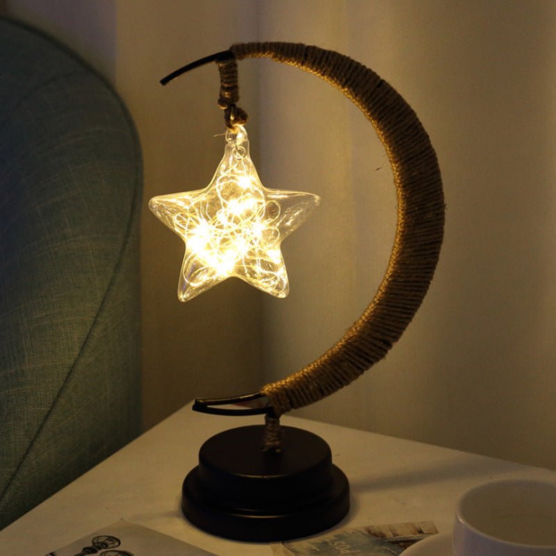 LED Crescent Moon Lamp with USB Power, Decorative Table Light with Glass Pendants