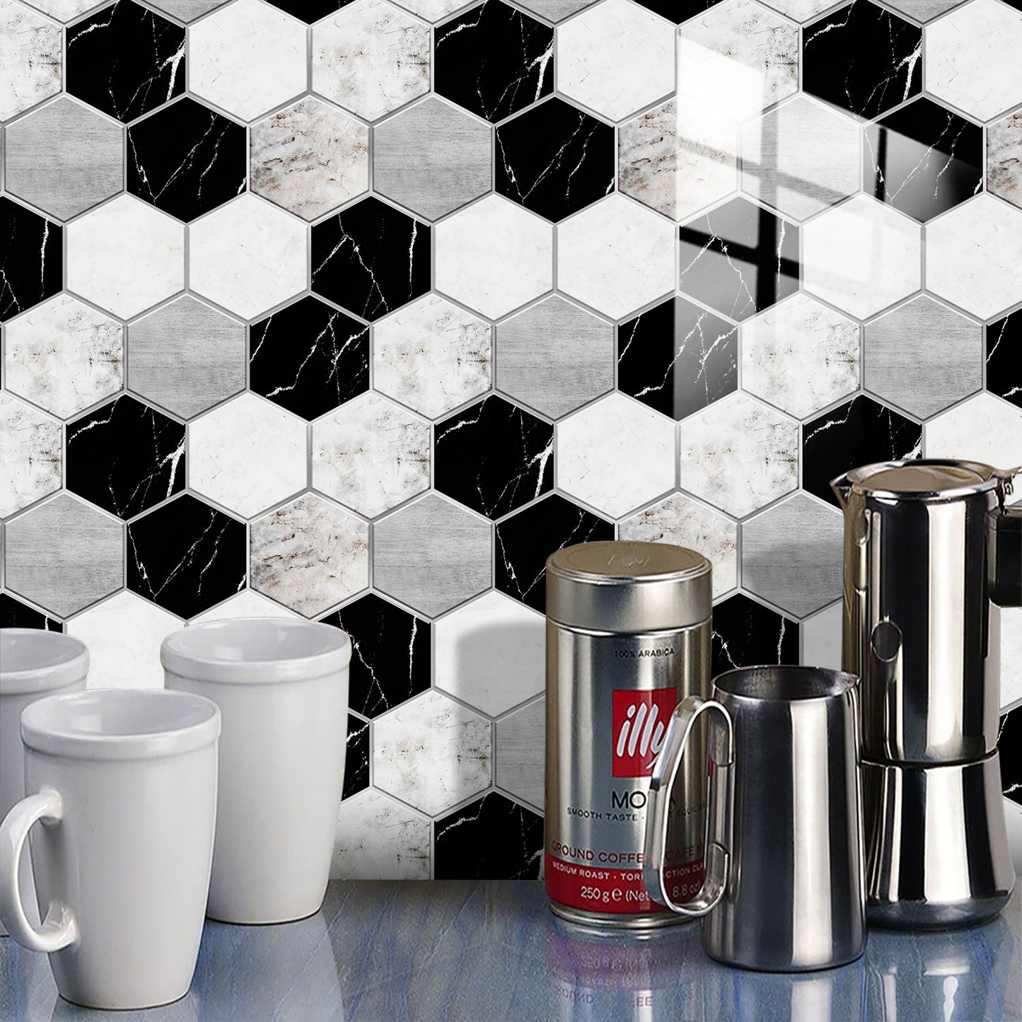Black & White Marble Hexagonal Peel & Stick Wall Tiles – Waterproof Glossy PVC Backsplash for Kitchen & Bathroom