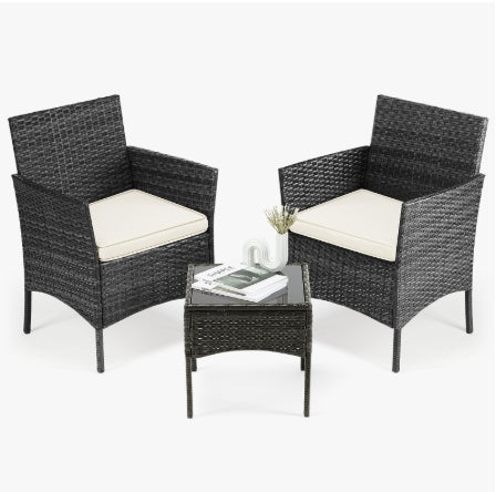 Wicker Rattan Patio Conversation Set with Glass Table – 3-Piece / 4-Piece (Outdoor Chairs + Table)