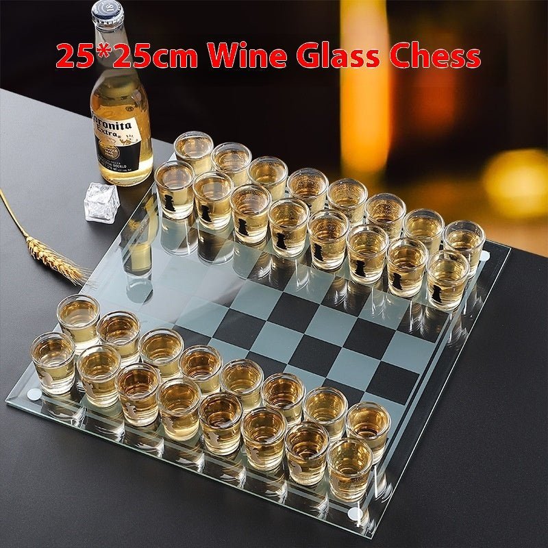 Elegant Glass Chess Drinking Game Set with Crystal Cups