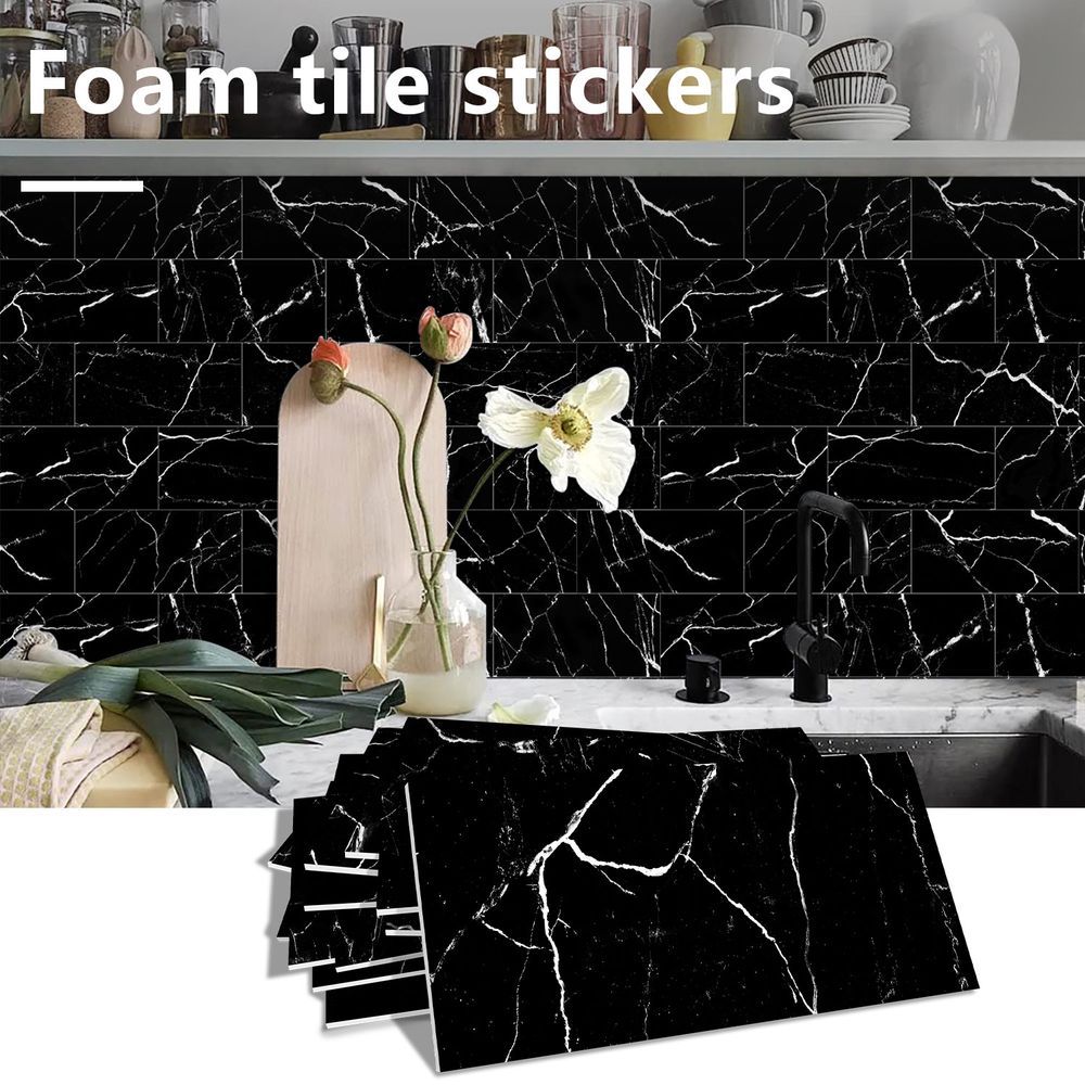 Black Marble Thickened Peel & Stick Wall Panels – Waterproof Oil-Proof PVC Foam Tiles for Kitchen & Bathroom