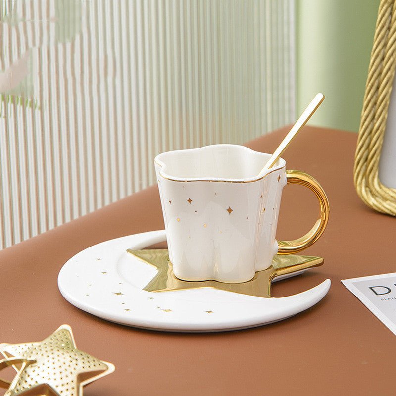 Creative Ceramic Cup with Star & Moon Saucer – Coffee & Tea Cup Gift Set