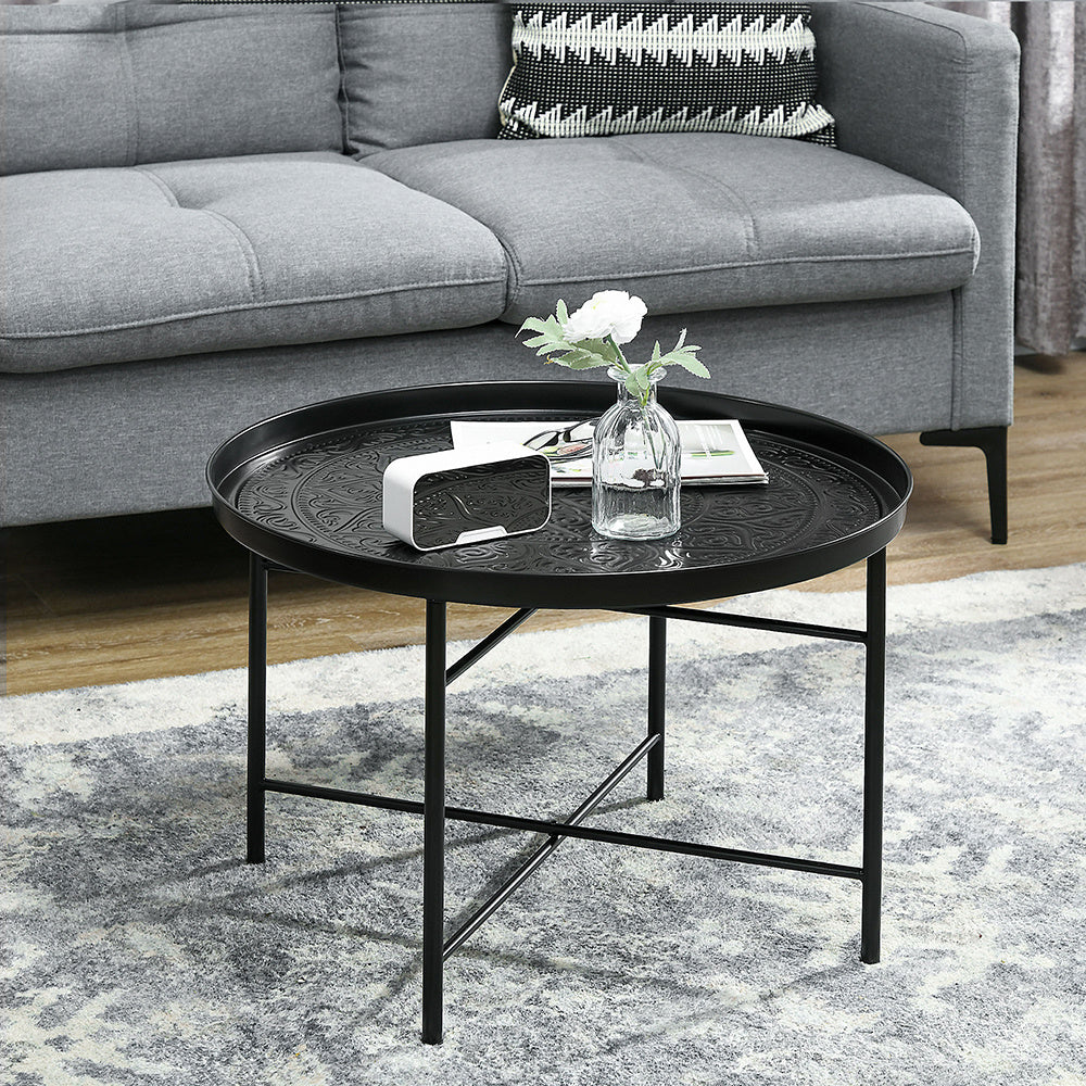 24" Round Hammered Metal Coffee Table with Tray Top – Black