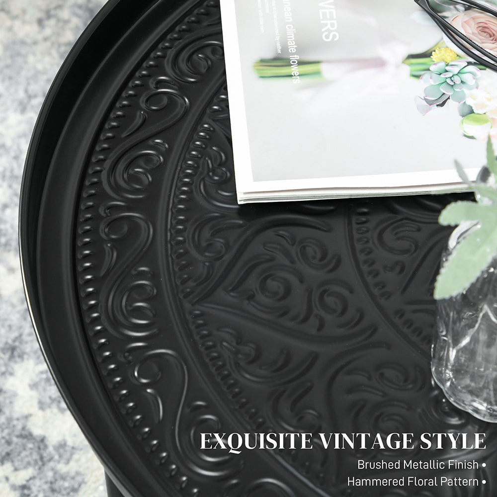 24" Round Hammered Metal Coffee Table with Tray Top – Black