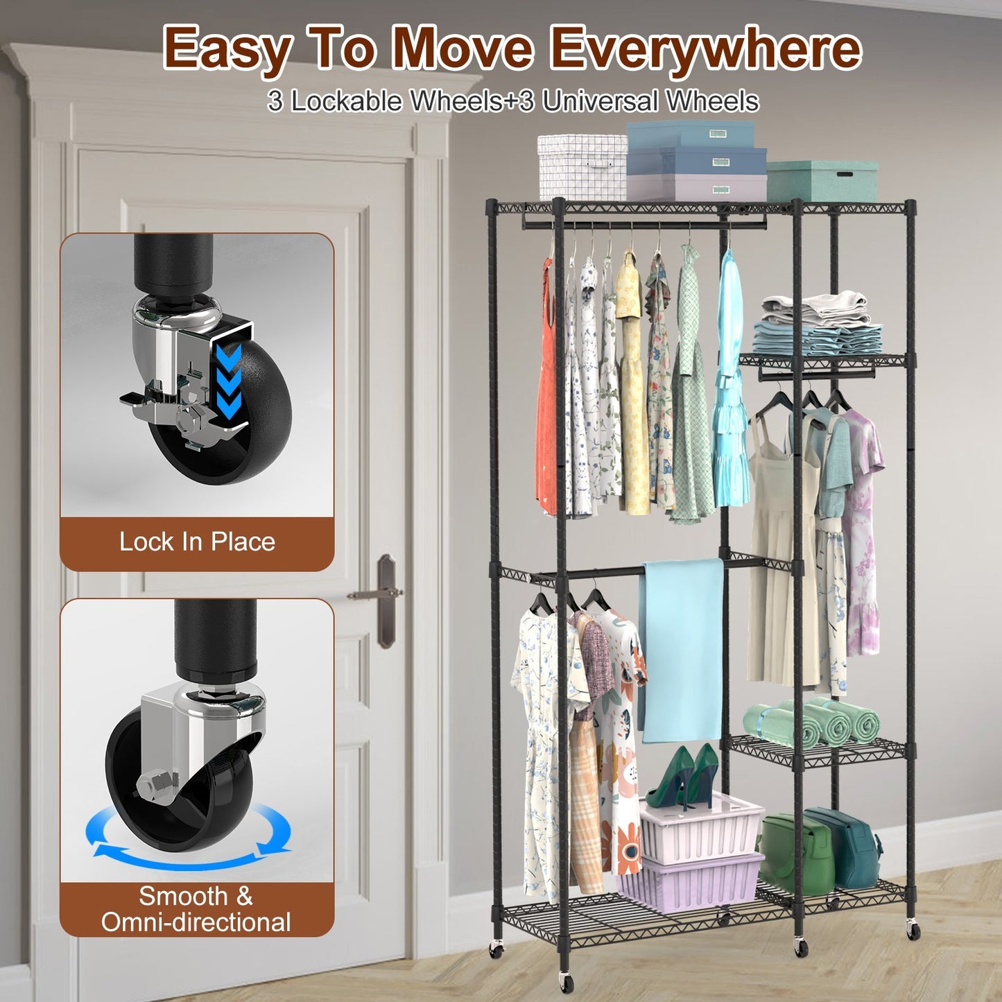 Heavy-Duty Garment Rack with Wheels, 4-Tier Shelves & 3 Hanging Rods (44.9″×17.13″×77.95″, Carbon Steel)