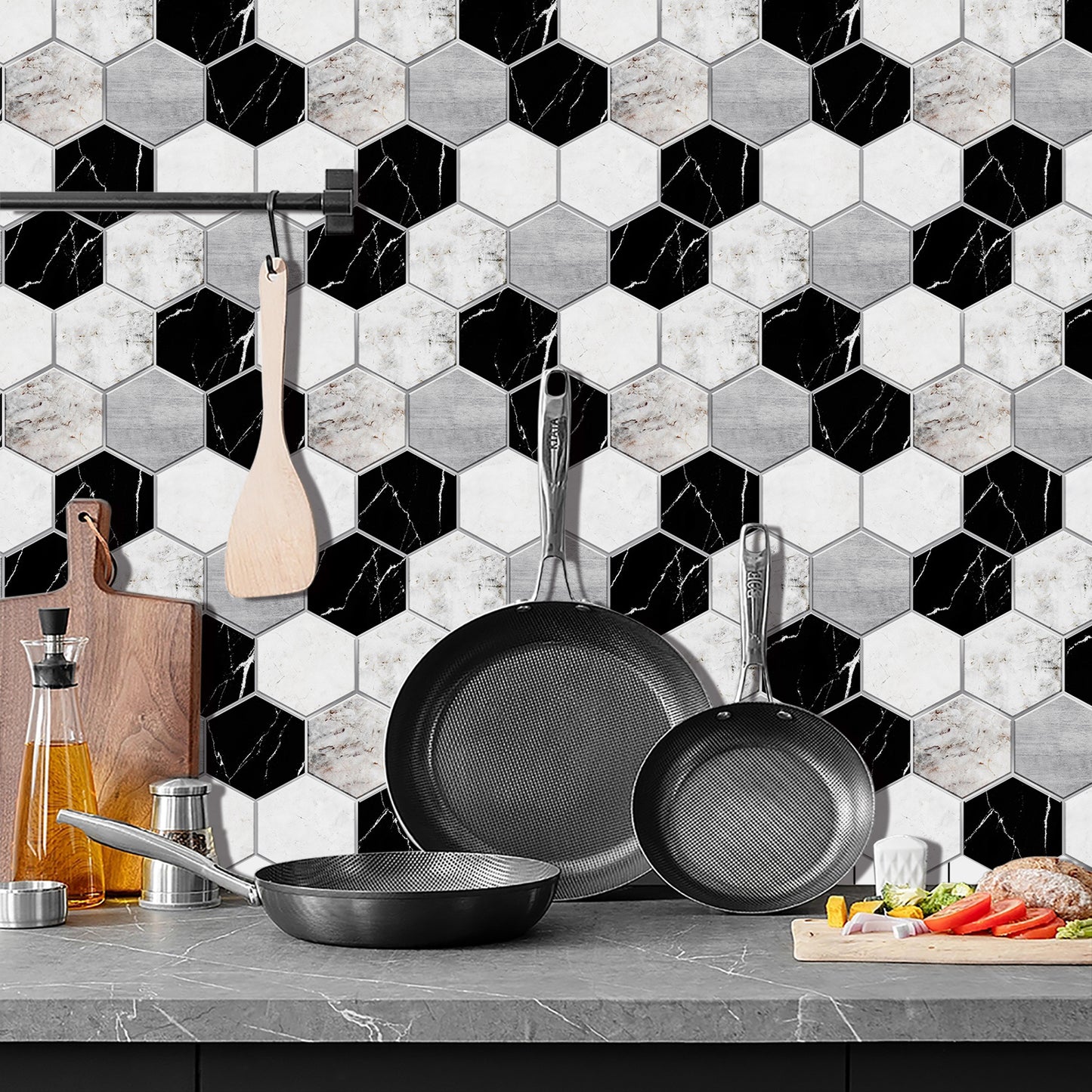 Black & White Marble Hexagonal Peel & Stick Wall Tiles – Waterproof Glossy PVC Backsplash for Kitchen & Bathroom