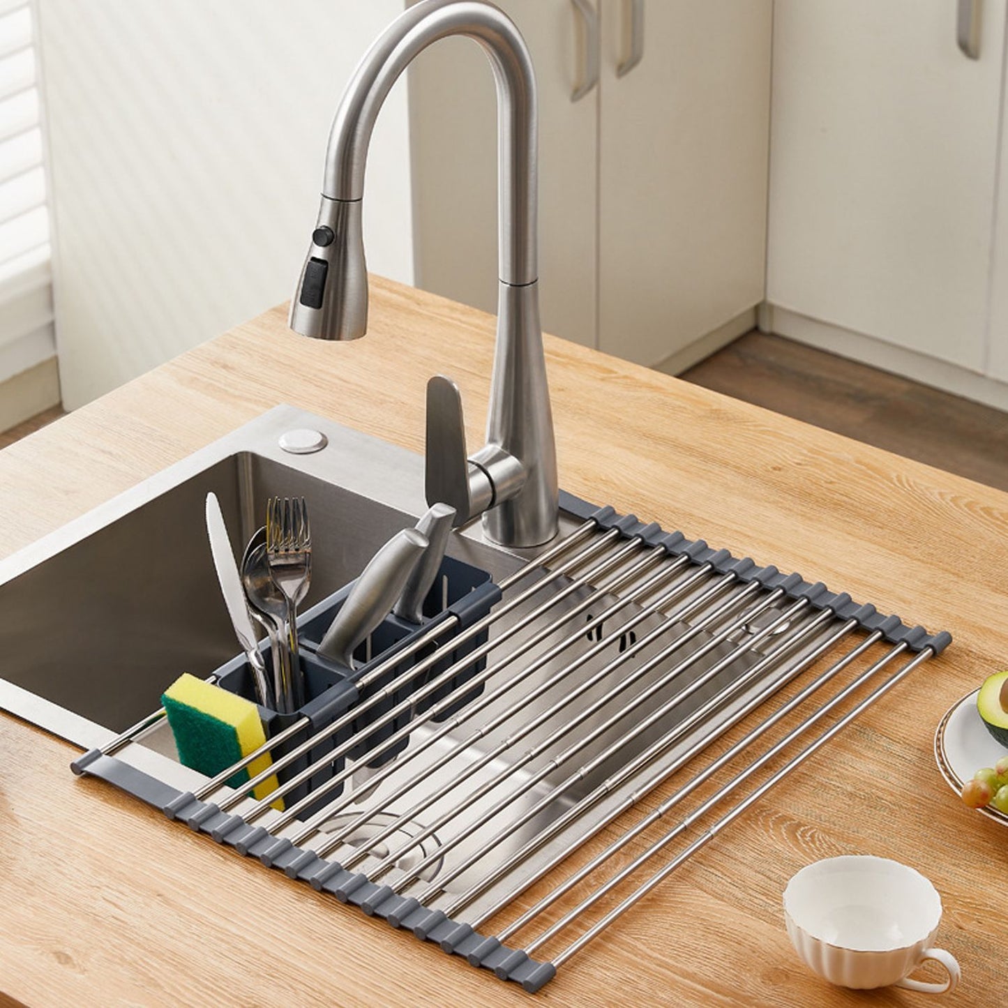 Expandable Roll Up Dish Drying Rack With 2 Removable Baskets Multipurpose Kitchen Drainer Caddy Organizer Storage Shelf Holder Stainless Steel Over The Sink Dish Drainer Space-Saving