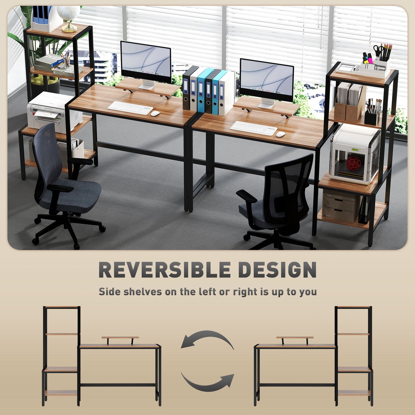 Computer Desk with Monitor Stand & Reversible 4-Tier Shelf (59″, Industrial Brown)