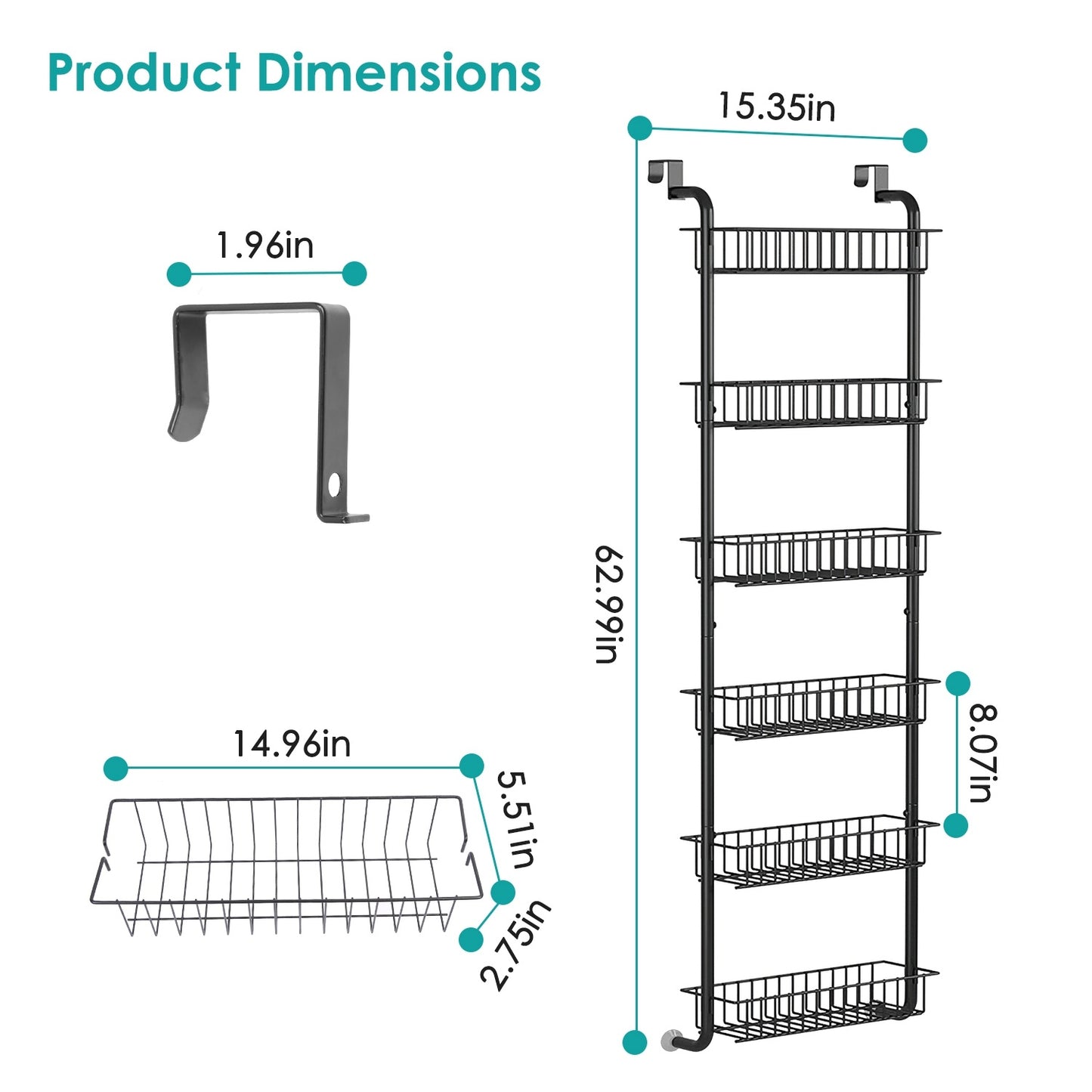 Over-the-Door Pantry Organizer, 6-Tier Hanging Basket Rack (63″, Carbon Steel) – Black/White