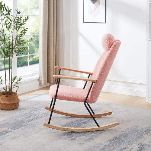 Modern Upholstered Rocking Chair with Headrest & Armrests – Living Room/Bedroom (Pink)