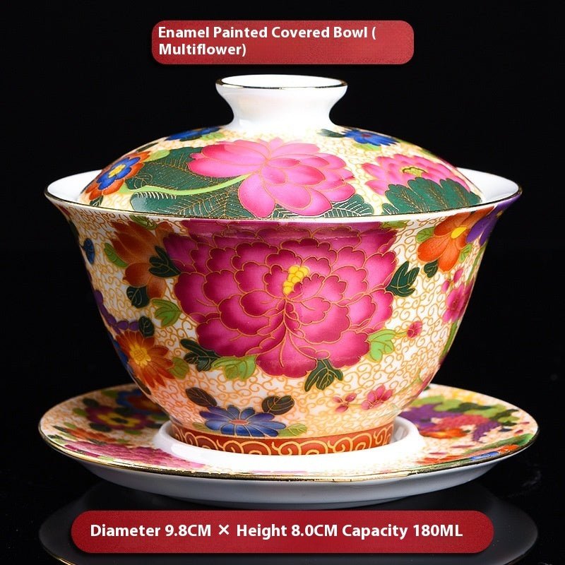 Luxury Enamel Porcelain Gaiwan Tea Cup with Lid & Saucer – Handcrafted Oriental Design - DonoHome