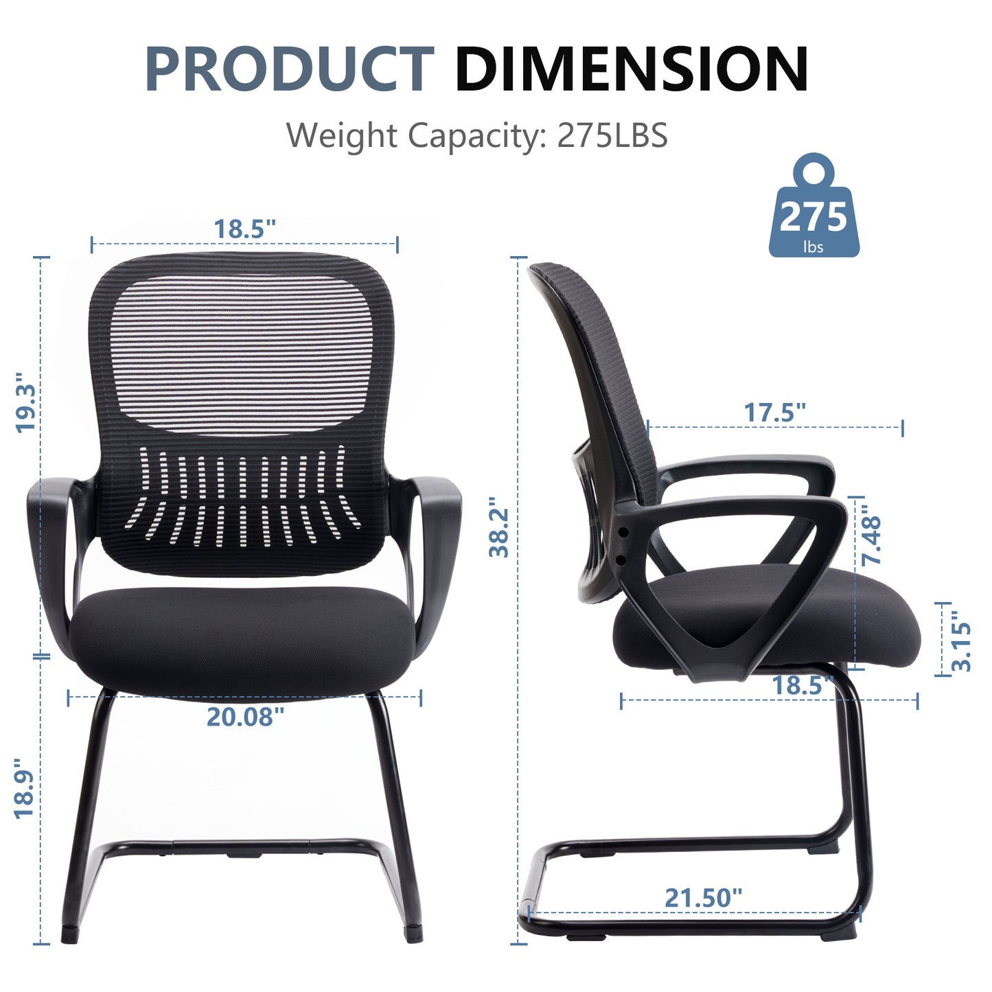 Office Guest Chair, Mesh Back Sled-Base with Arms (No Wheels, 275 lb)