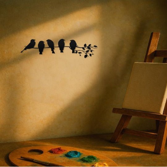 Decorative wall art of birds on a branch with a paint palette and easel in the foreground.