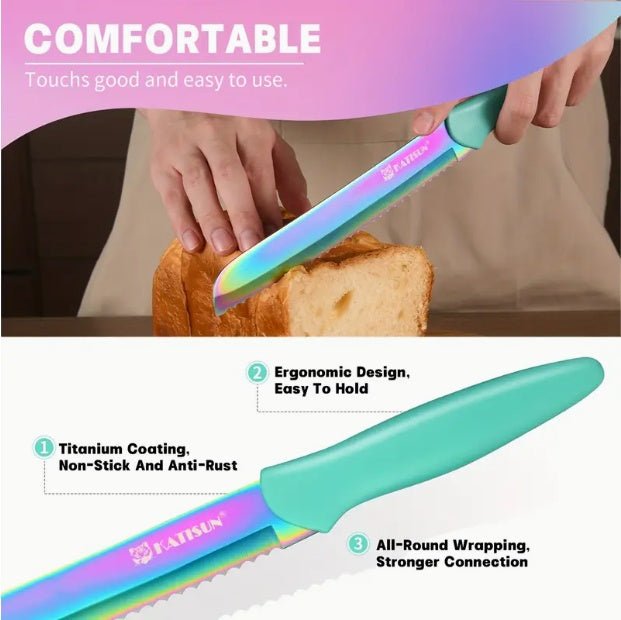 14-Piece Rainbow Titanium Kitchen Knife Set w/ Wooden Block & Shears (High-Carbon Stainless Steel) - DonoHome