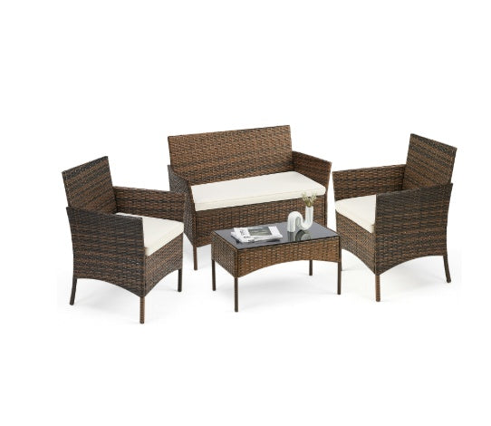 Wicker Rattan Patio Conversation Set with Glass Table – 3-Piece / 4-Piece (Outdoor Chairs + Table)