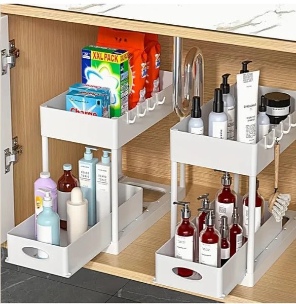 Sink Shelf Organizer Rack 1 Pack – 2-Tier Under Sink Storage Shelf with Pull-Out Basket, Hooks, and Drainage Design for Kitchen or Bathroom