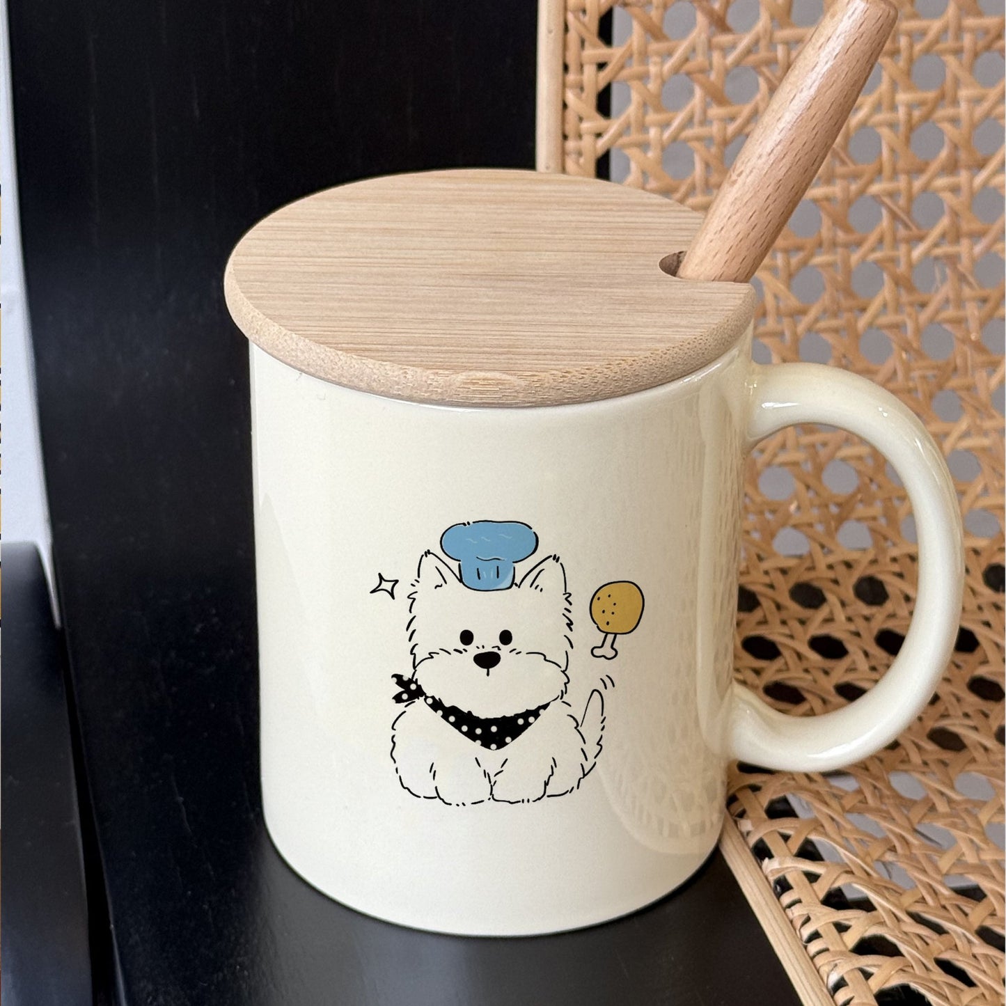 Cute West Highland Terrier Puppy Ceramic Mug with Wood Lid & Spoon