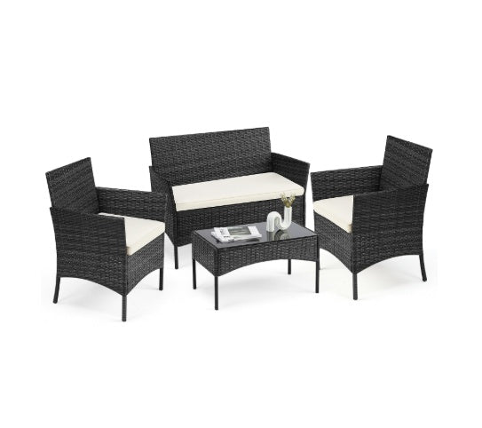 Wicker Rattan Patio Conversation Set with Glass Table – 3-Piece / 4-Piece (Outdoor Chairs + Table)