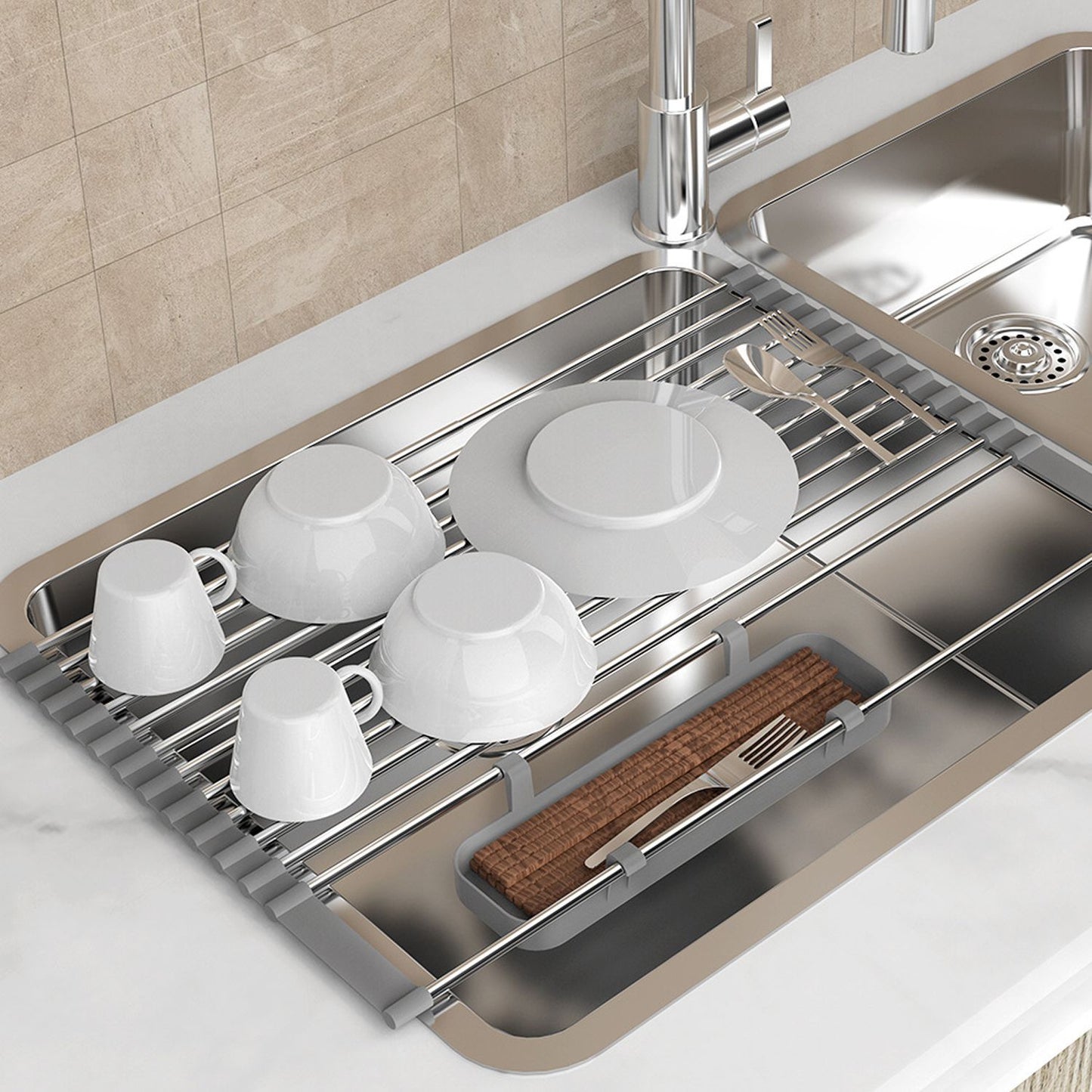 Expandable Roll Up Dish Drying Rack With 2 Removable Baskets Multipurpose Kitchen Drainer Caddy Organizer Storage Shelf Holder Stainless Steel Over The Sink Dish Drainer Space-Saving