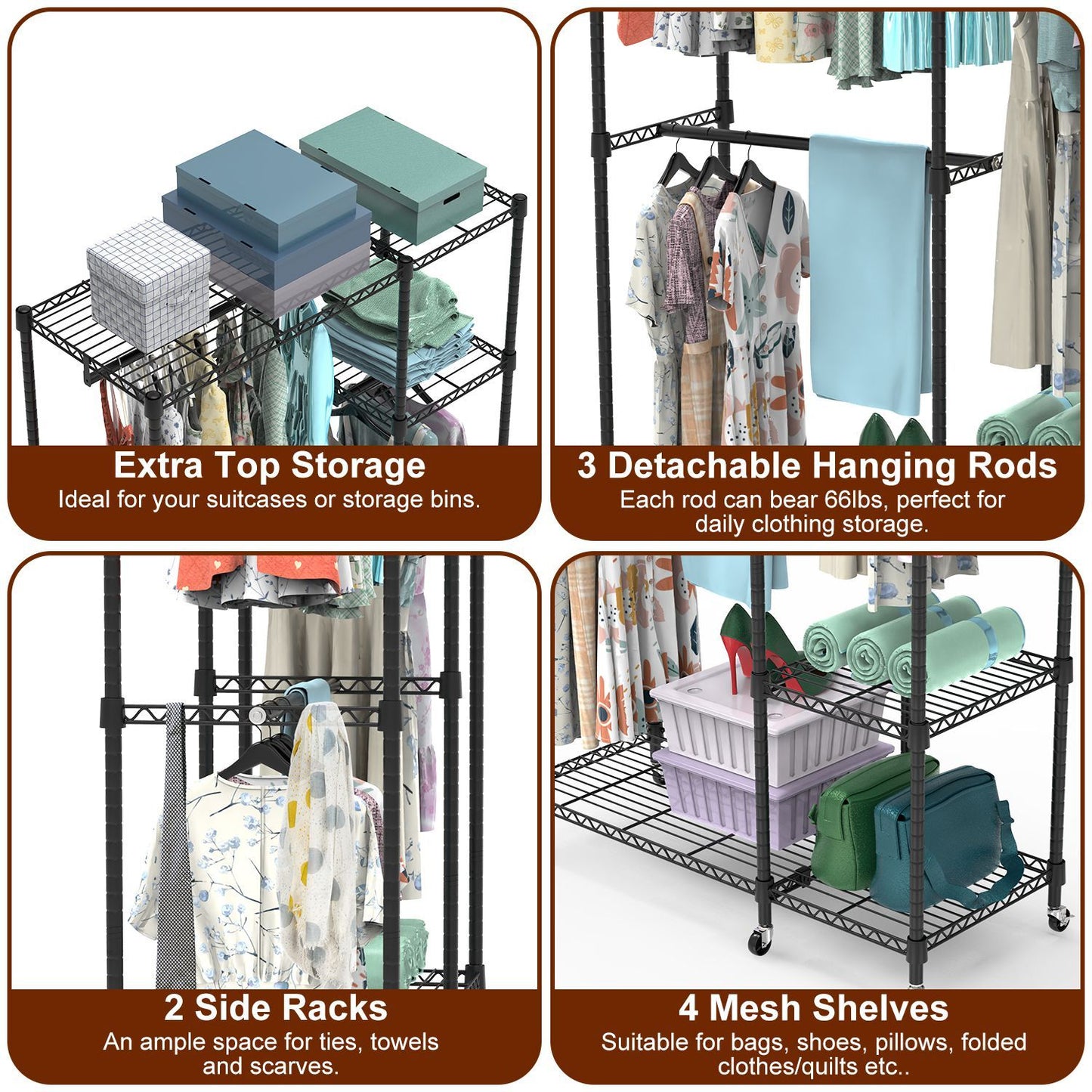 Heavy-Duty Garment Rack with Wheels, 4-Tier Shelves & 3 Hanging Rods (44.9″×17.13″×77.95″, Carbon Steel)