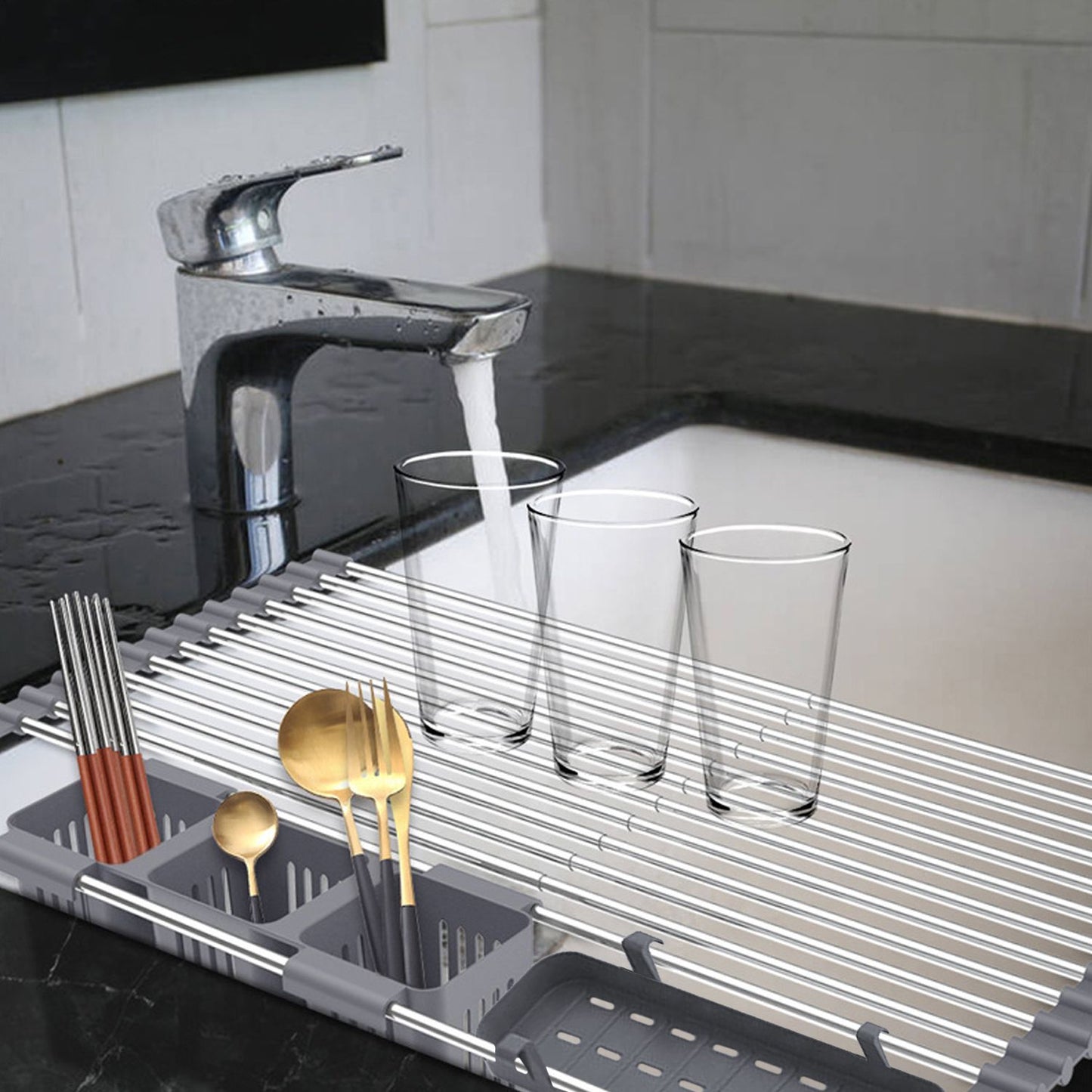Expandable Roll Up Dish Drying Rack With 2 Removable Baskets Multipurpose Kitchen Drainer Caddy Organizer Storage Shelf Holder Stainless Steel Over The Sink Dish Drainer Space-Saving