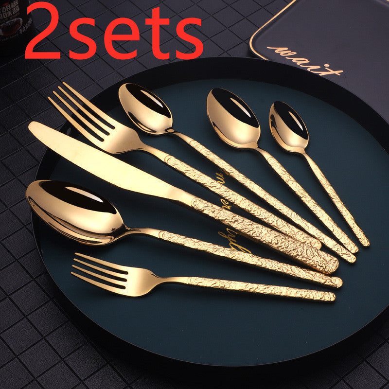 Embossed Handle Stainless Steel Flatware Set – 7-Piece, Black/Gold/Rose Gold/Silver